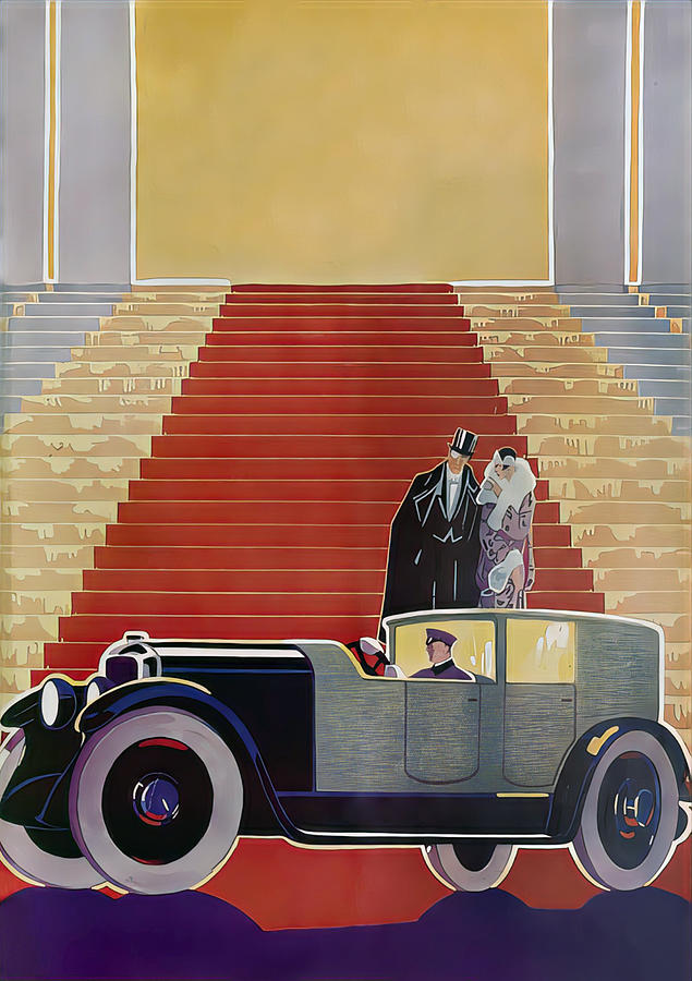 1927 Automobile With Couple In Elegant Setting Original French Illustration Mixed Media by Retrographs