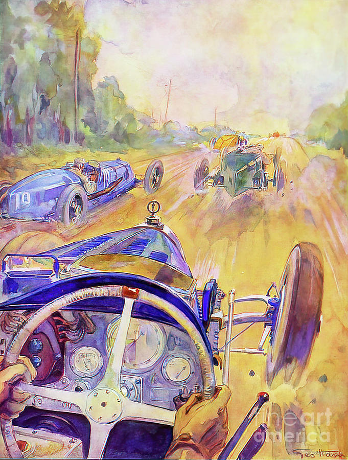 1927 Bugatti Racing With Other Vehicles Painting by Geo Ham