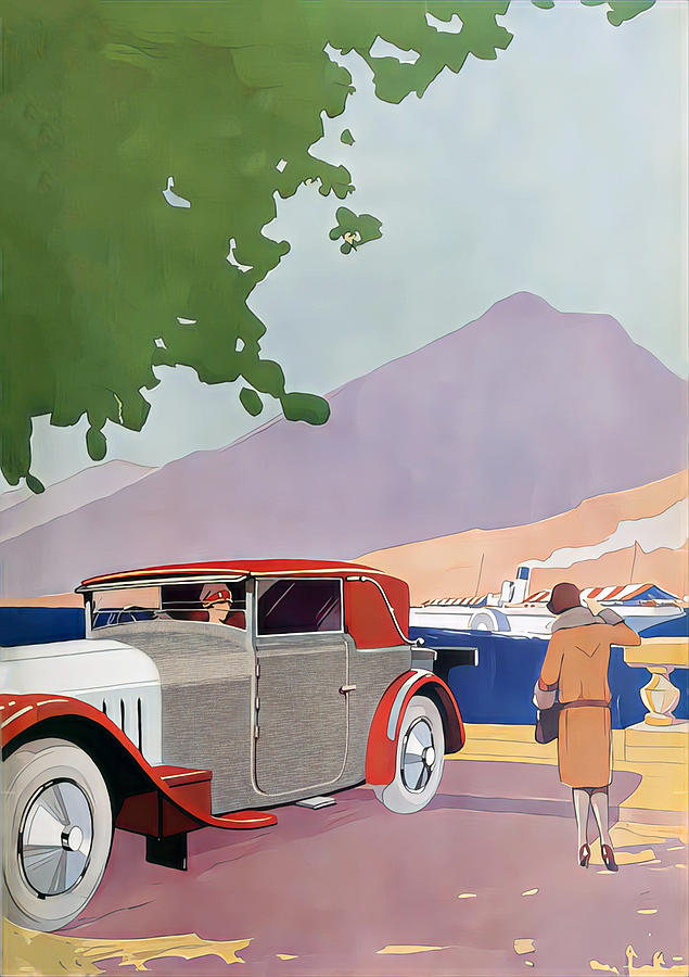 1927 Delage Coupe Woman Driver In Seaside Setting Original French Art Deco Illustration Mixed Media by Retrographs