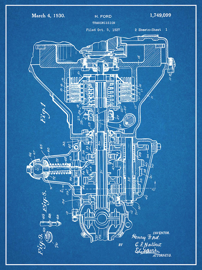 1927 Henry Ford Transmission Blueprint Patent Print Drawing by Greg ...