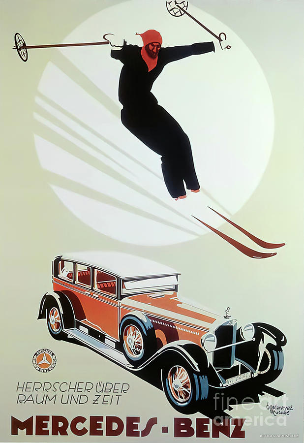 1927 Mercedes Benz Advertisement With Skier Mixed Media by Retrographs