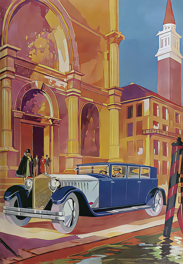 1927 Minerva Limousine With Driver And Guests Town Setting Original French Art Deco Illustration Mixed Media by Retrographs