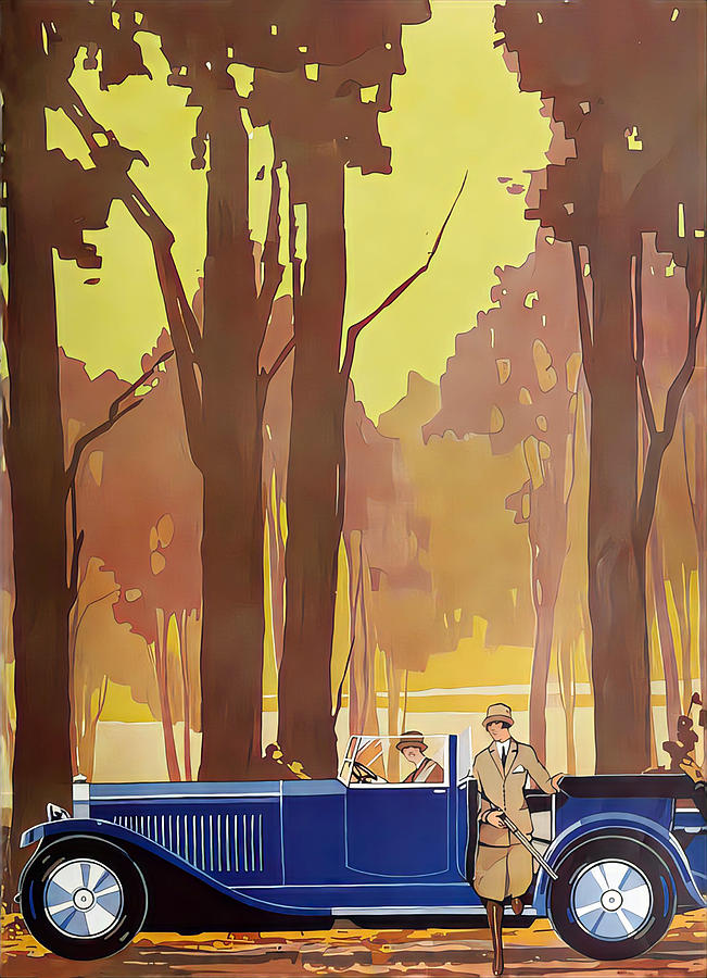 1927 Open Touring Car With Woman Hunters In Forest Setting Original French Art Deco Illustration Mixed Media by Retrographs