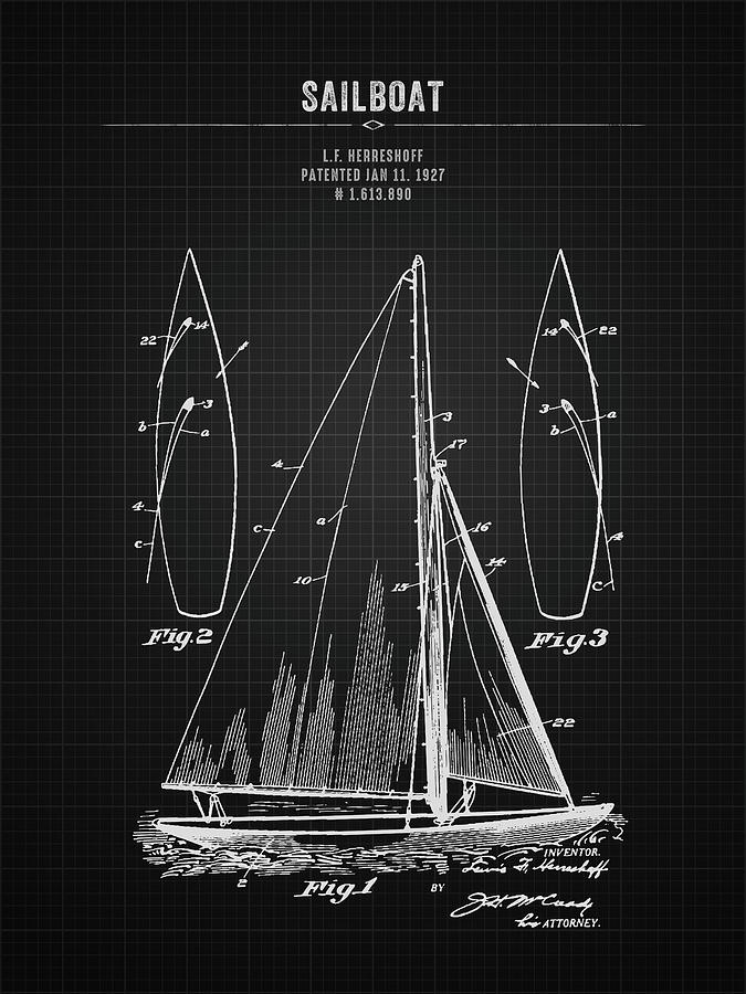 1927 Sailboat - Black Blueprint Digital Art