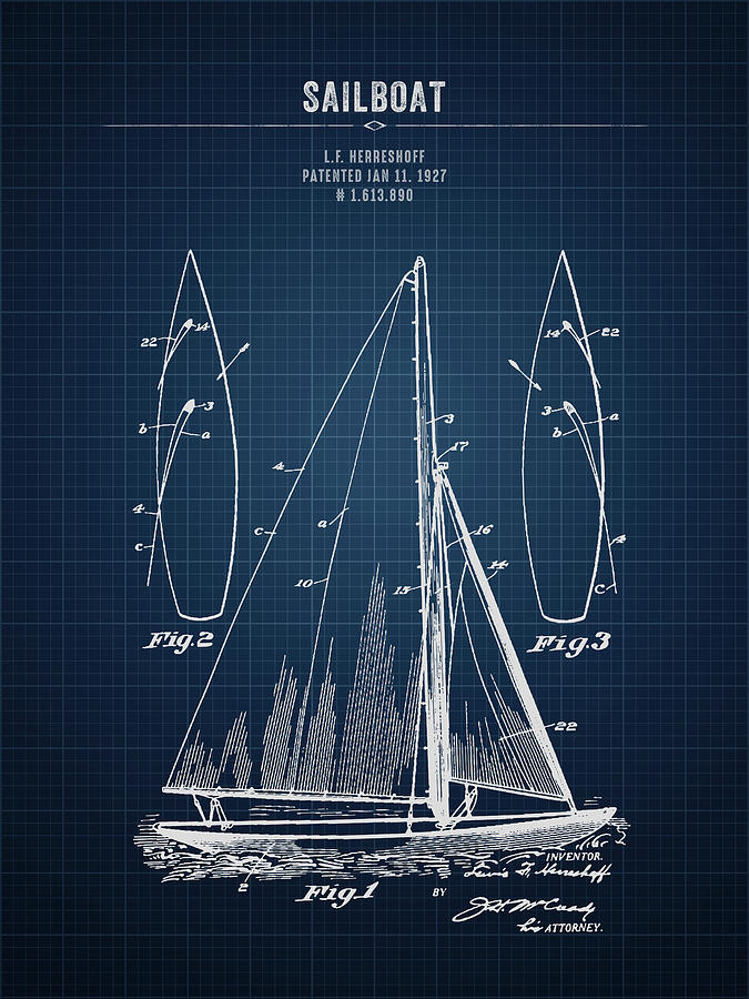 1927 Sailboat - Dark Blue Blueprint Digital Art