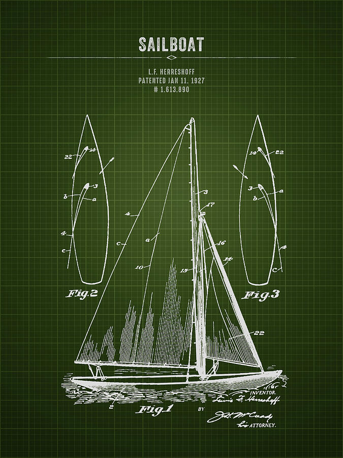 1927 Sailboat - Dark Green Blueprint Digital Art