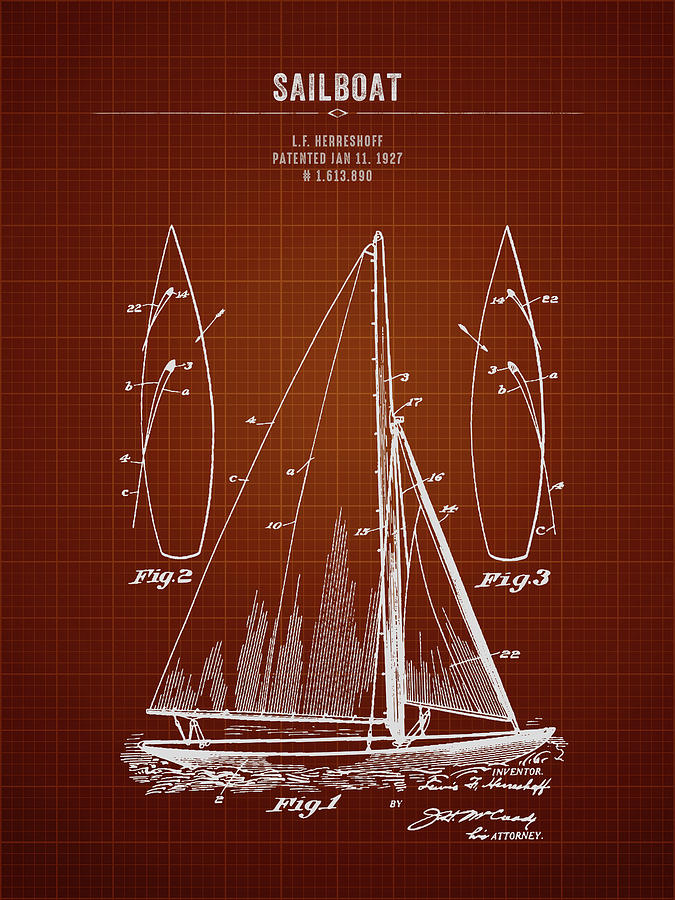 1927 Sailboat - Dark Red Blueprint Digital Art