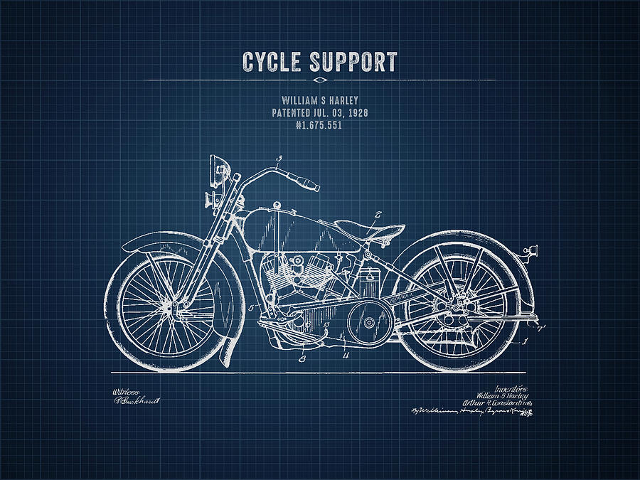 Harley Digital Art - 1928 Harley Davidson Cycle Support - Dark Blueprint by Aged Pixel