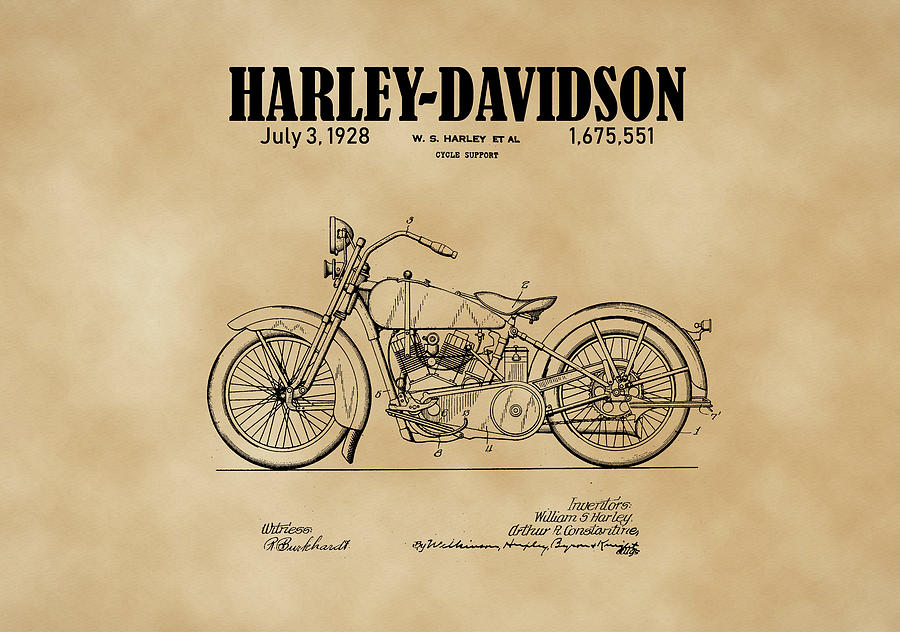 1928 Harley Davidson Motorcyle Patent Illustration Art Print by David Millenheft 1928 Harley Davidson Motorcyle Patent Illustration Art Print by David Millenheft
