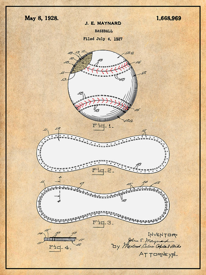1928 J. E. Maynard Baseball Colorized Patent Print Antique Paper Drawing by Greg Edwards
