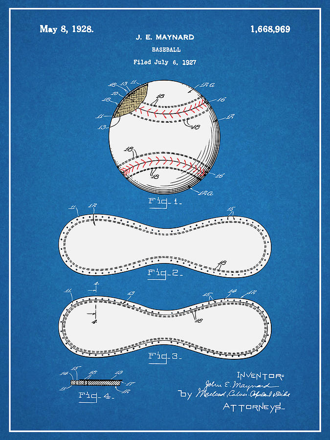 1928 J. E. Maynard Baseball Colorized Patent Print Blueprint Drawing by Greg Edwards