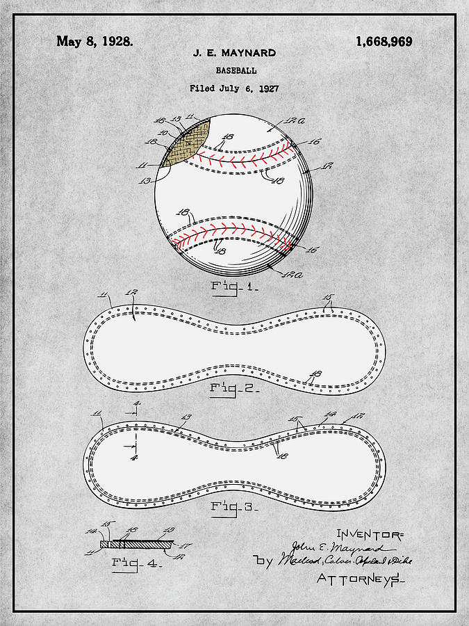 1928 J. E. Maynard Baseball Colorized Patent Print Gray Drawing by Greg Edwards