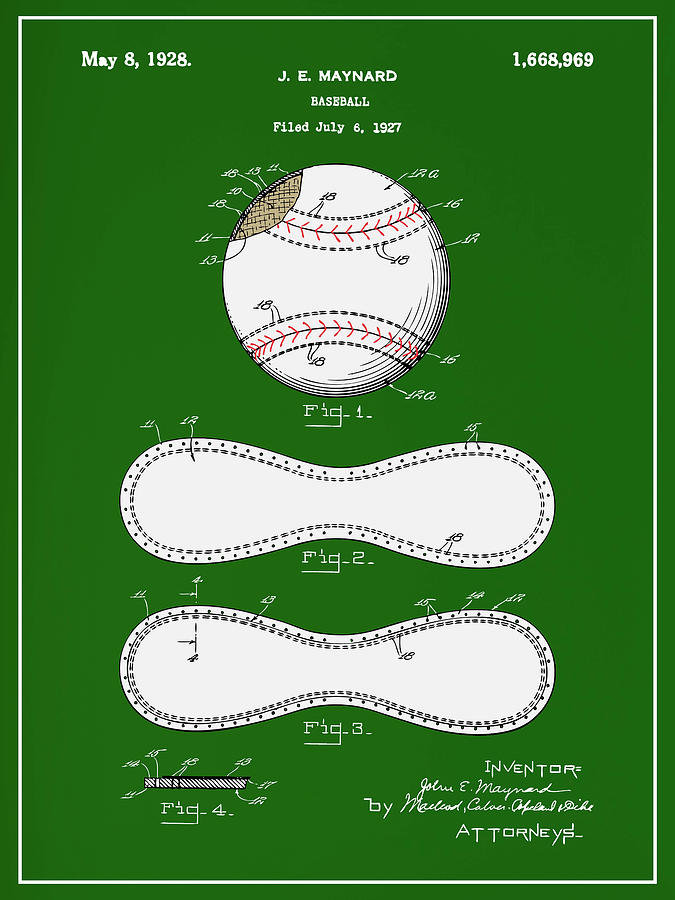 1928 J. E. Maynard Baseball Colorized Patent Print Green  Drawing by Greg Edwards
