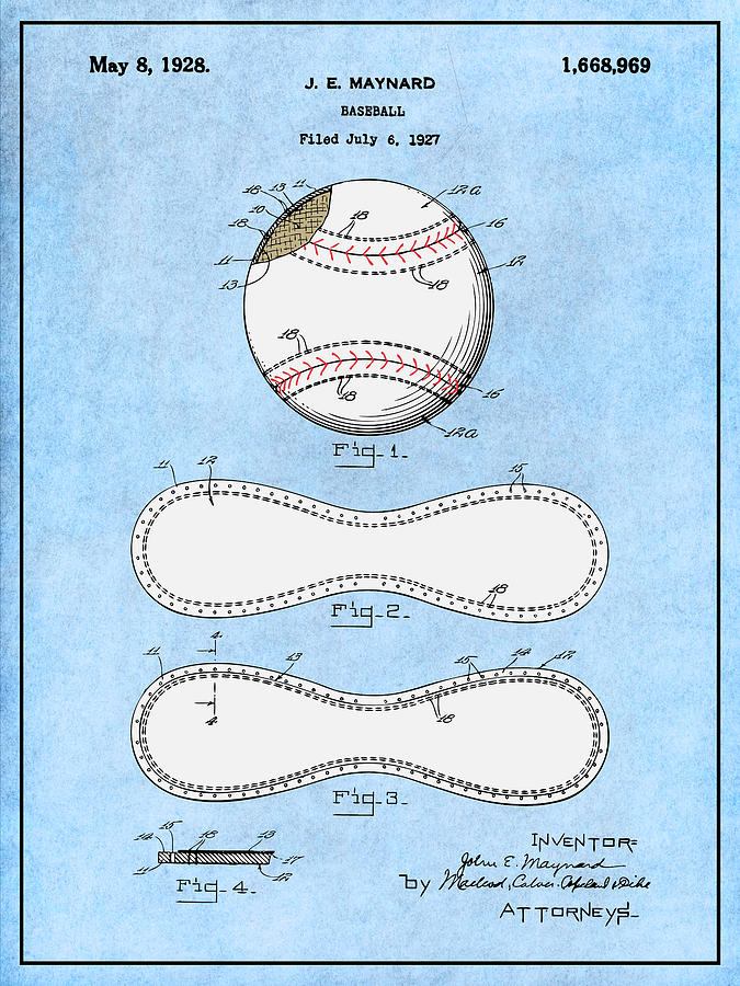 1928 J. E. Maynard Baseball Colorized Patent Print Light Blue Drawing by Greg Edwards