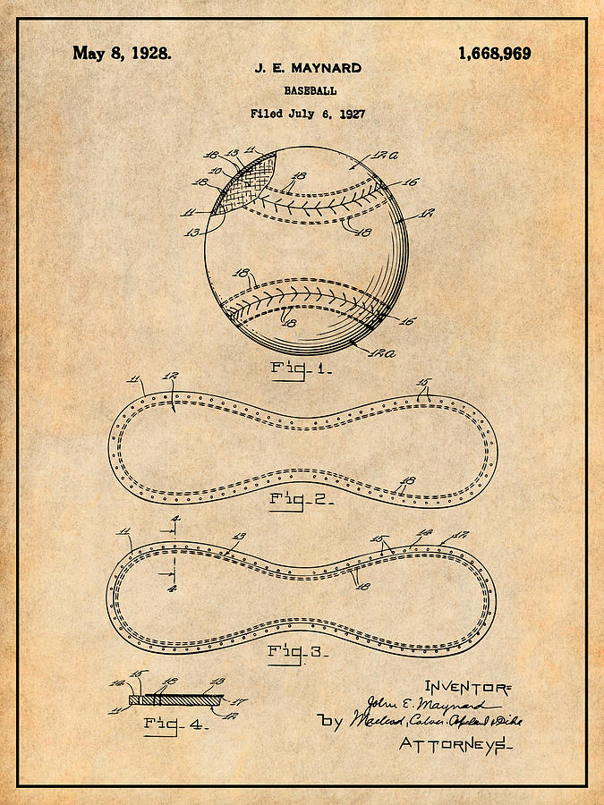 1928 J E Maynard Baseball Patent Print Antique Paper Drawing by Greg Edwards