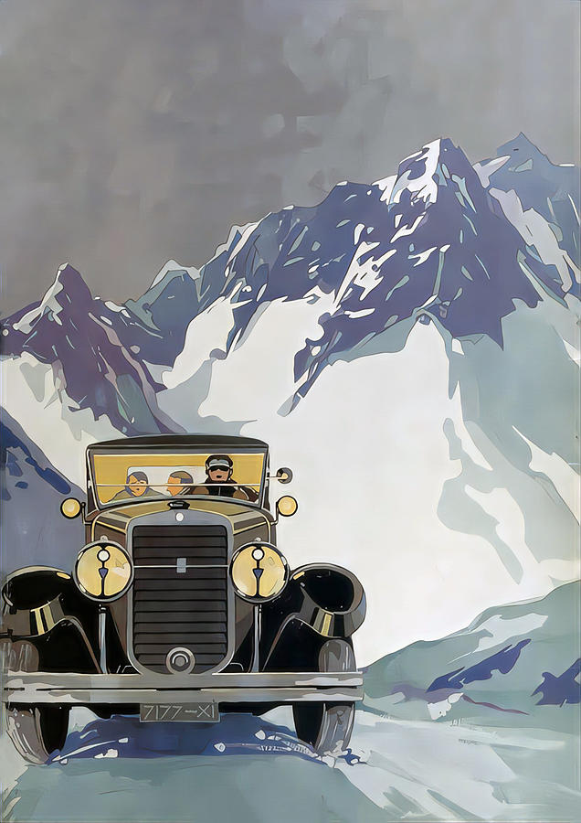1928 Lorraine On Snowy Road Alps Original French Art Deco Illustration Mixed Media by Retrographs