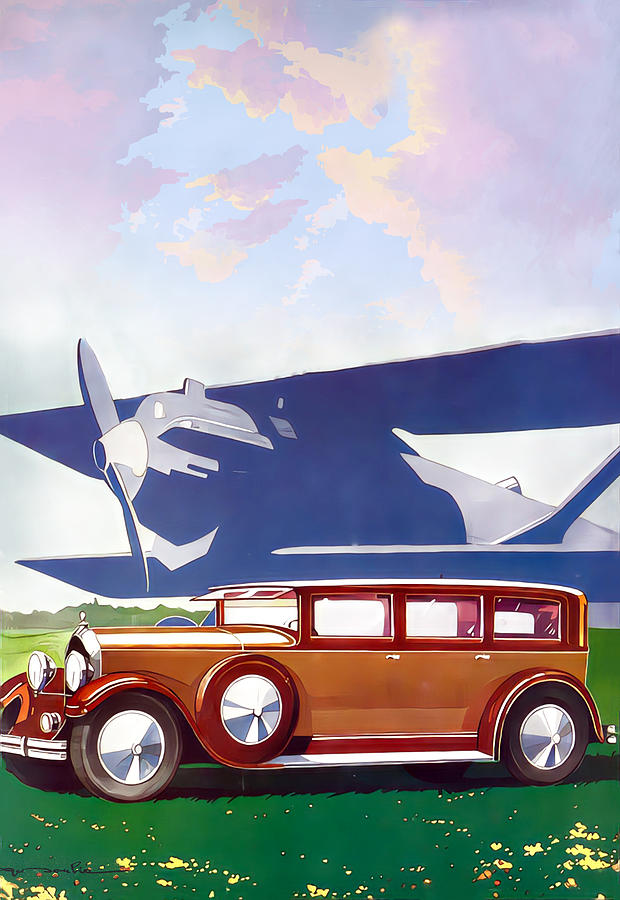 1928 Lorraine With Biplane At Airfield Original French Art Deco Illustration Mixed Media by Retrographs