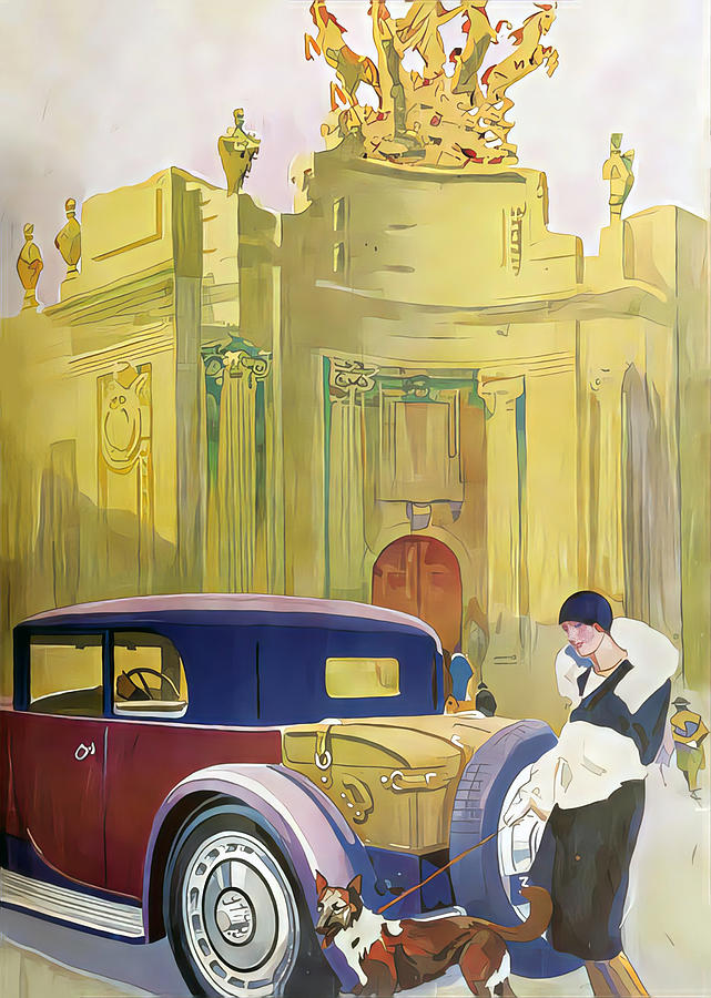 1929 Bugatti T40 With Woman And Dog Original French Art Deco Illustration Mixed Media by Retrographs
