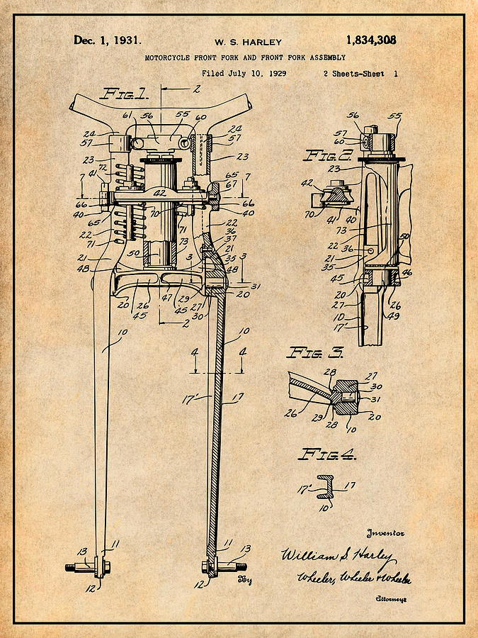 1929 Harley Davidson Front Fork Antique Paper Patent Print Drawing by Greg Edwards
