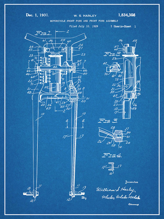1929 Harley Davidson Front Fork Blueprint Patent Print Drawing by Greg Edwards