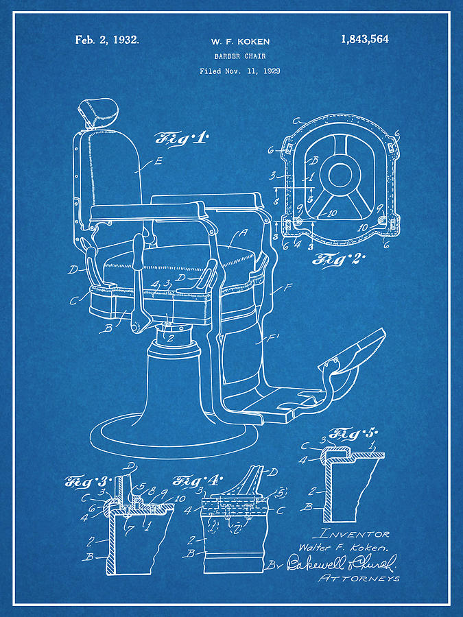 1929 Koken Barbers Chair Blueprint Patent Print Drawing by Greg Edwards