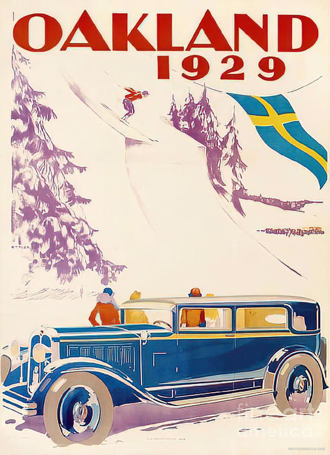 1929 Oakland Sedan In Snow Setting With Skiers Mixed Media by Retrographs