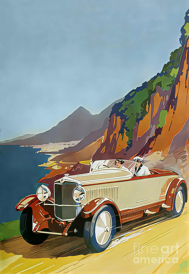 1929 Open Touring Car With Couple Mountain Road Setting Original French Art Deco Illustration Mixed Media by Retrographs