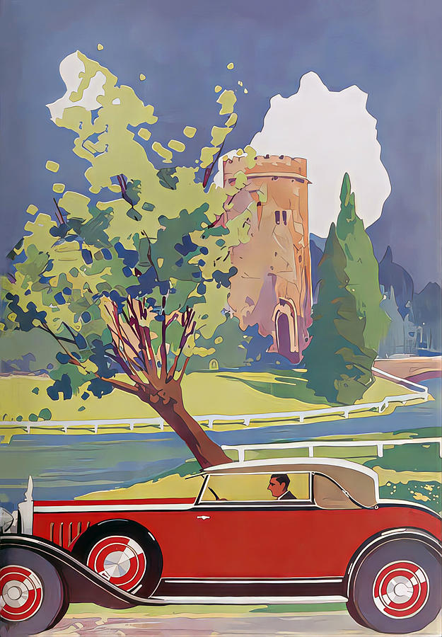 1929 Voison Coupe With Driver In Country Setting Original French Art Deco Illustration Mixed Media by Retrographs