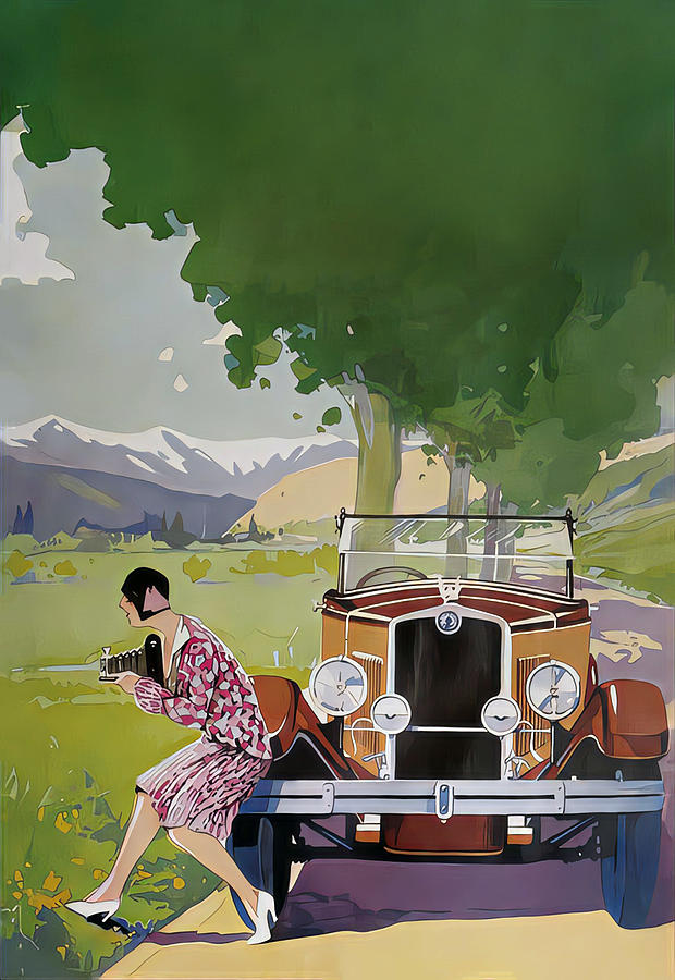 1929 Woman Photographer With Touring Car In Country Setting Original French Art Deco Illustration Mixed Media by Retrographs