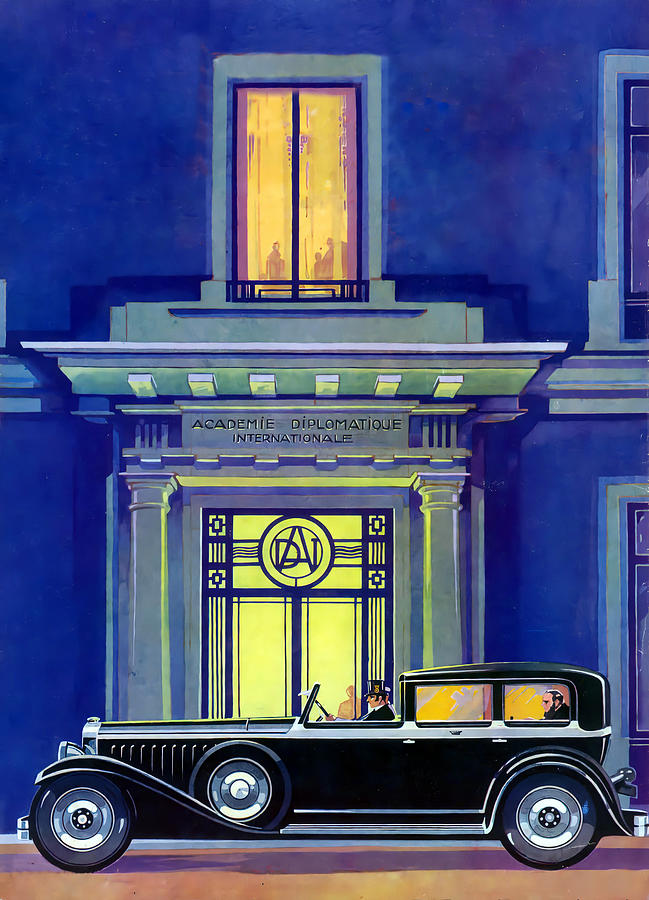 1930 European Town Car In Front Of Mansion Original French Art Deco Illustration Mixed Media by Retrographs