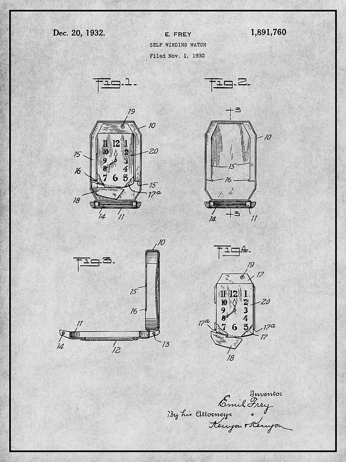 1930 Frey Self Winding Watch Gray Patent Print Drawing by Greg Edwards