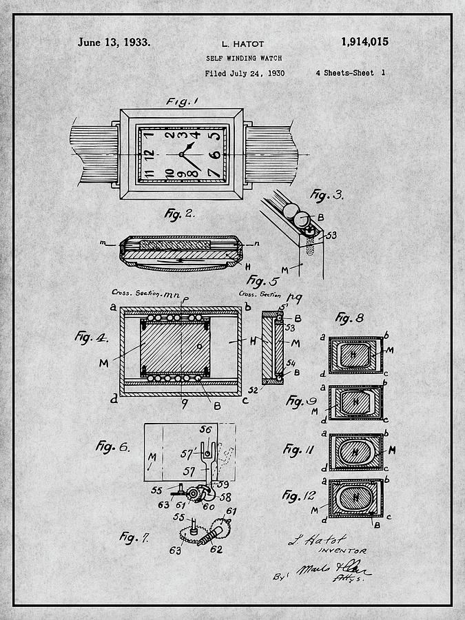 1930 Leon Hatot Self Winding Watch Patent Print Gray Drawing by Greg Edwards