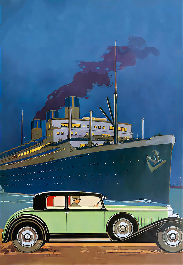 1930 Vehicle With Driver With Ocean Liner Original French Art Deco Illustration Mixed Media by Retrographs