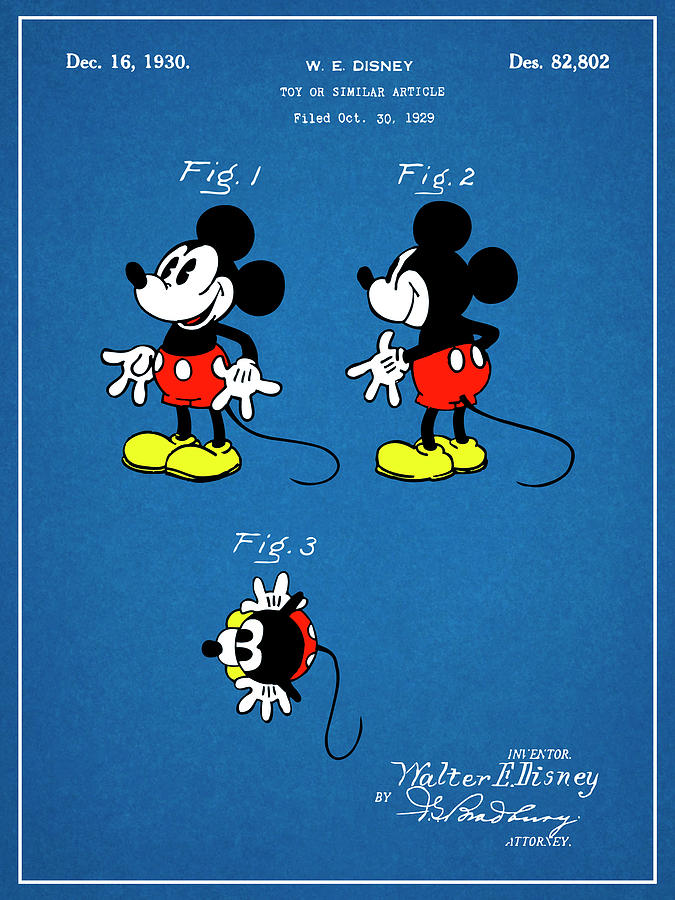 1930 Walt Disney Colorized Mickey Mouse Patent Print Blueprint Drawing by Greg Edwards