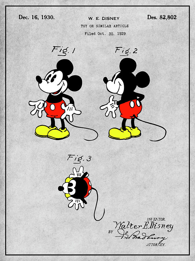 1930 Walt Disney Colorized Mickey Mouse Patent Print Gray Drawing By