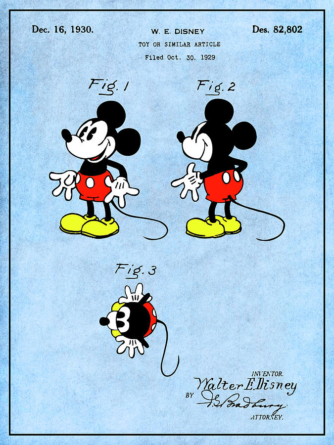 1930 Walt Disney Mickey Mouse Colorized Patent Print Light Blue Drawing by Greg Edwards