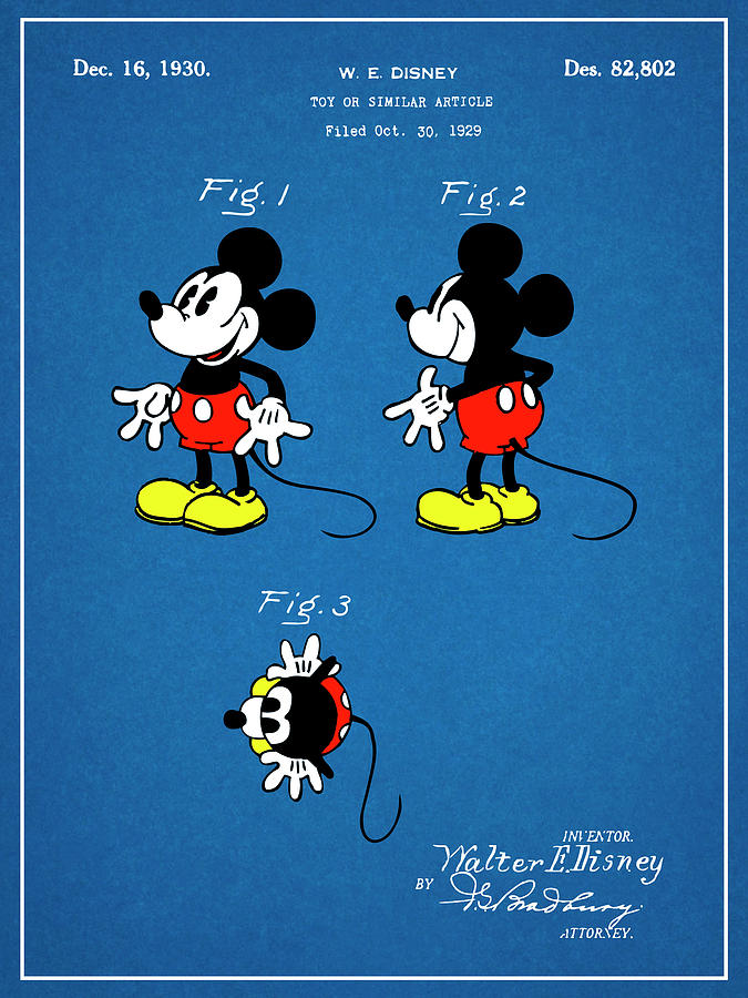 1930 Walt Disney Mickey Mouse Colorized Patent Print Patent Print Blueprint Drawing by Greg Edwards