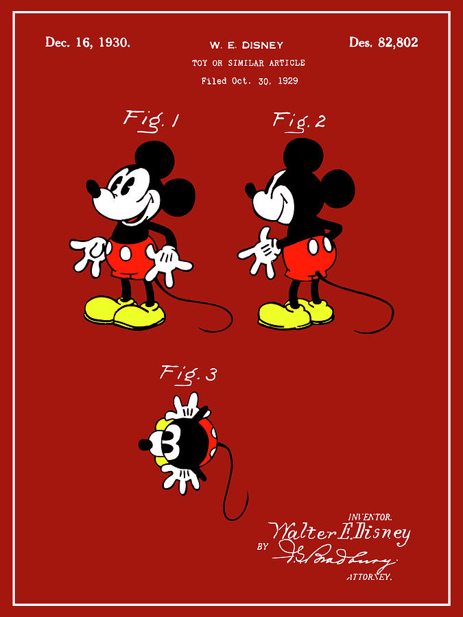 1930 Walt Disney Mickey Mouse Colorized Patent Print Red Drawing by Greg Edwards