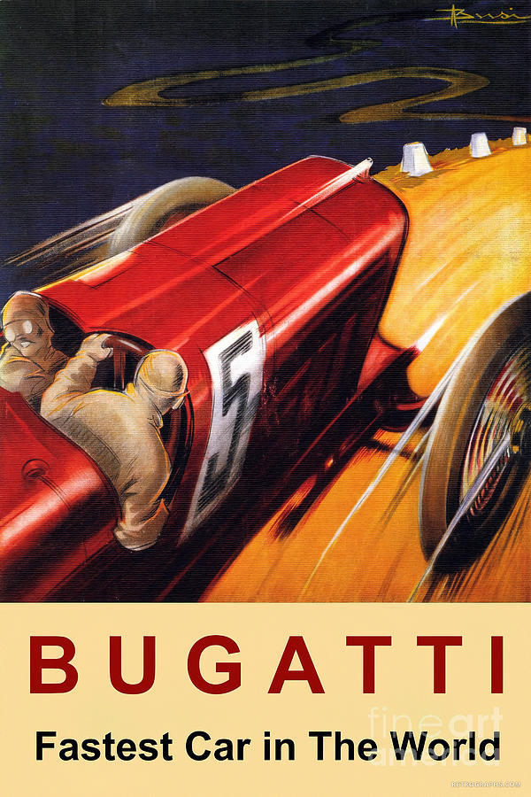 1930s Bugatti Fastest Car In The World Poster Mixed Media by Retrographs