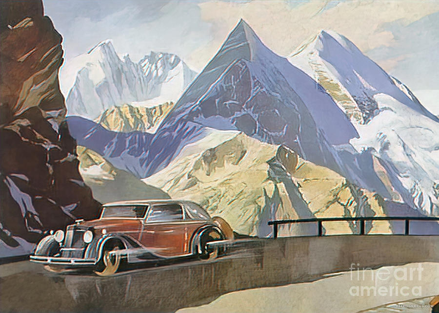 1930s Vehicle At Speed Over Scenic Mountain Pass Mixed Media by Retrographs
