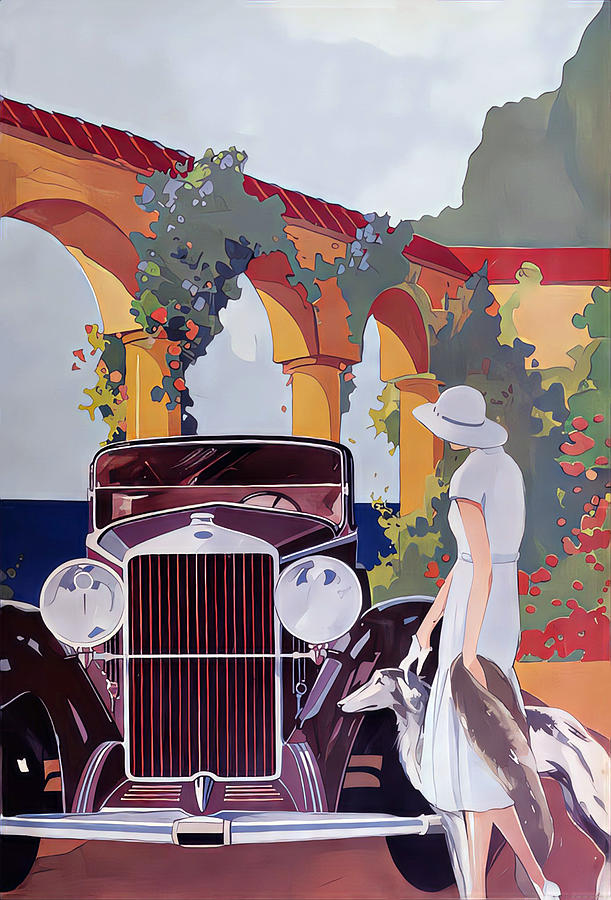 1931 Delage With Woman And Dog In Elegant Formal Setting Original French Art Deco Illustration Mixed Media by Retrographs