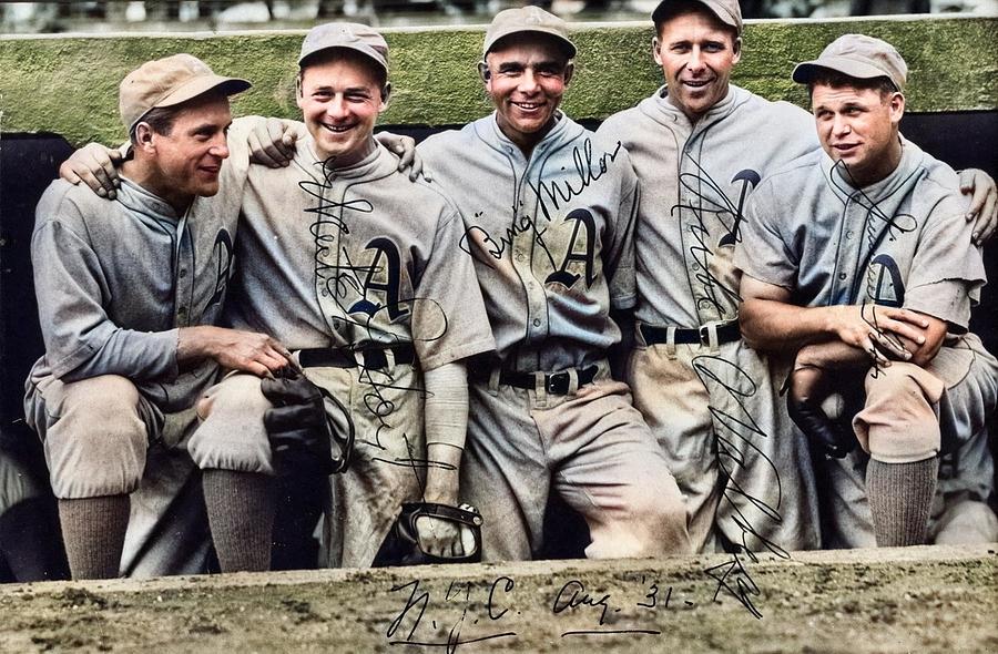 1931 Jimmie Foxx, Waite Hoyt, Bing Miller  Rube Walberg Signed Photograph colorized by Ahmet Asar Painting by Celestial Images