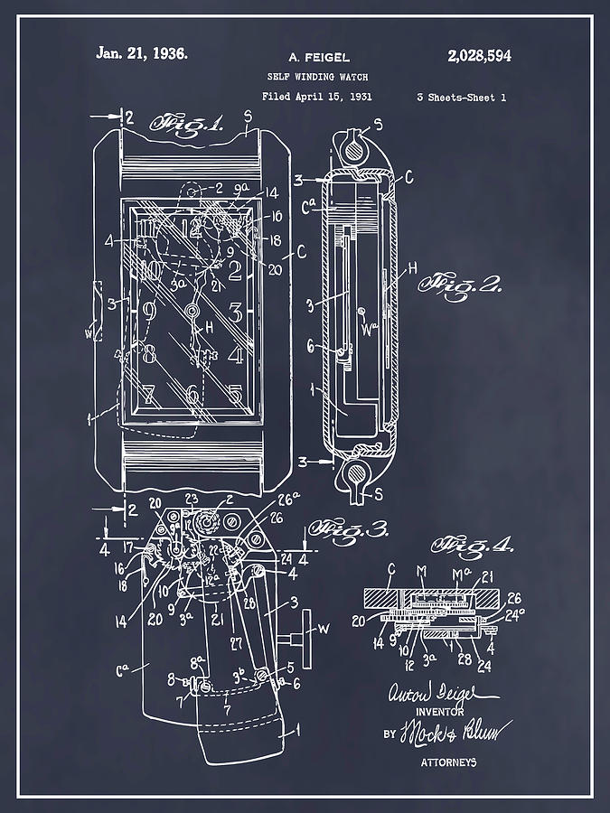 1931 Self Winding Watch Patent Print Blackboard Drawing by Greg Edwards