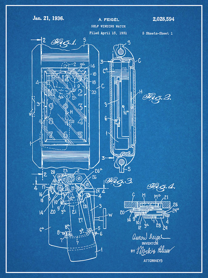 1931 Self Winding Watch Patent Print Blueprint Drawing by Greg Edwards