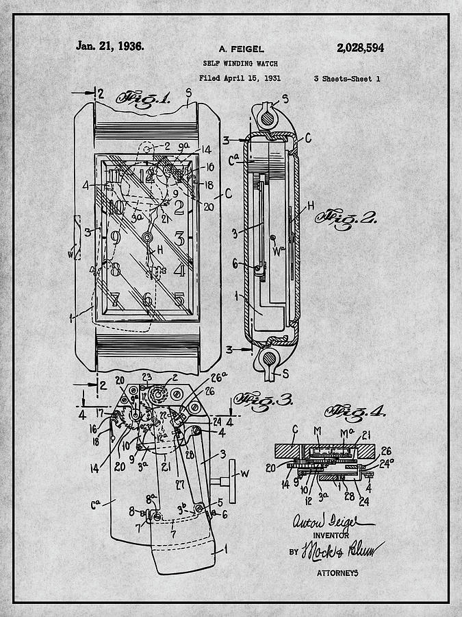1931 Self Winding Watch Patent Print Gray Drawing by Greg Edwards