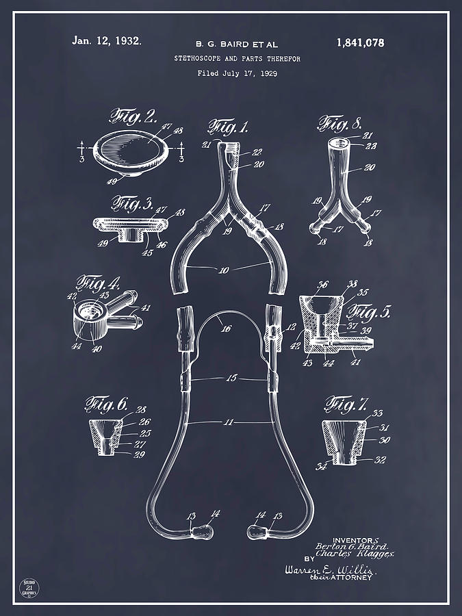 Art & Collectibles Drawing - 1932 Baird Stethoscope Blackboard Patent Print by Greg Edwards