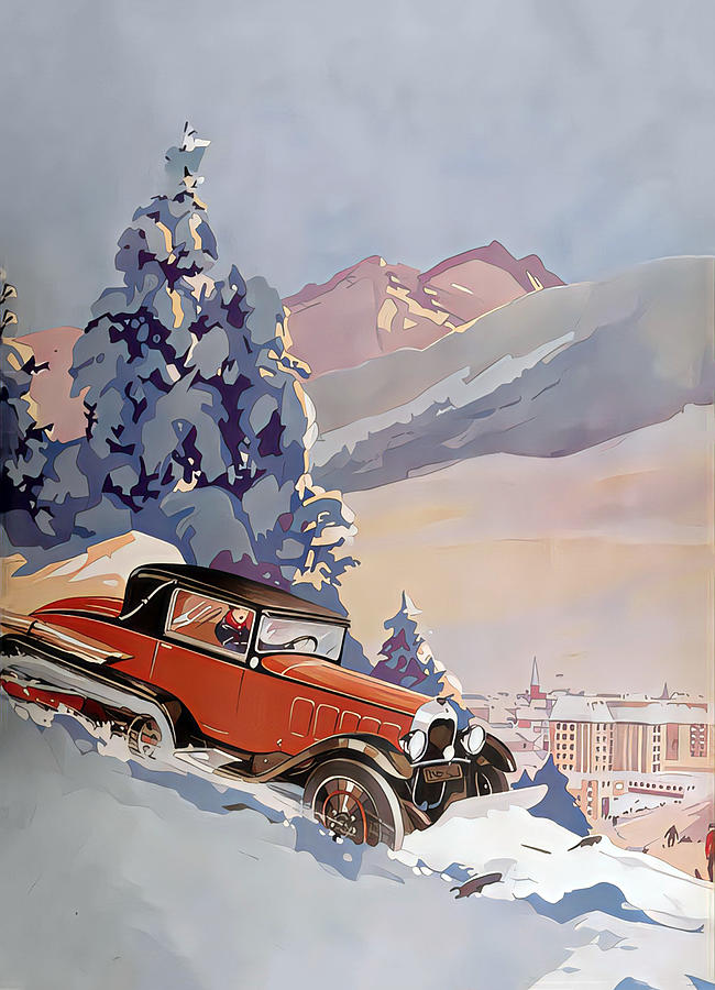 1932 Chrysler Coupe Snow Plowing Alpine Mountain Original French Art Deco Illustration Mixed Media by Retrographs
