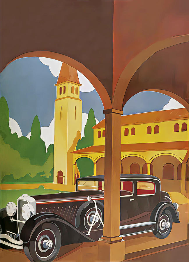 1932 Duesenberg Model J Coupe In Courtyard Setting Original French Art Deco Illustration Mixed Media by Retrographs