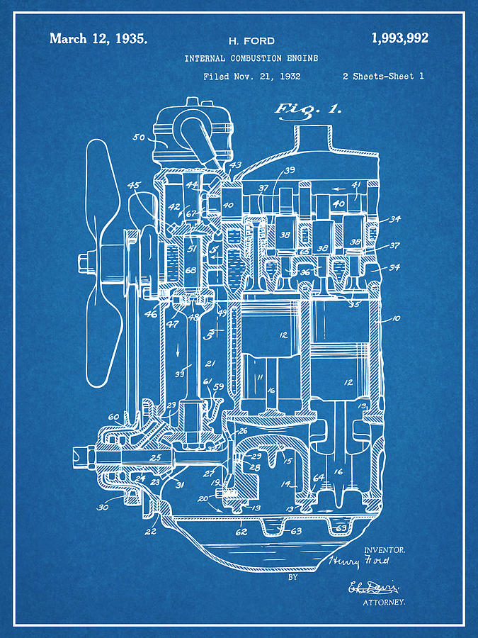 1932 Henry Ford Engine Patent Print Blueprint Drawing by Greg Edwards