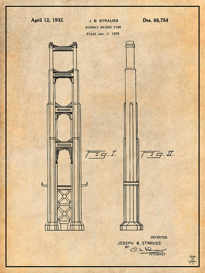 1932 San Francisco Golden Gate Bridge Antique Paper Patent Print Drawing by Greg Edwards